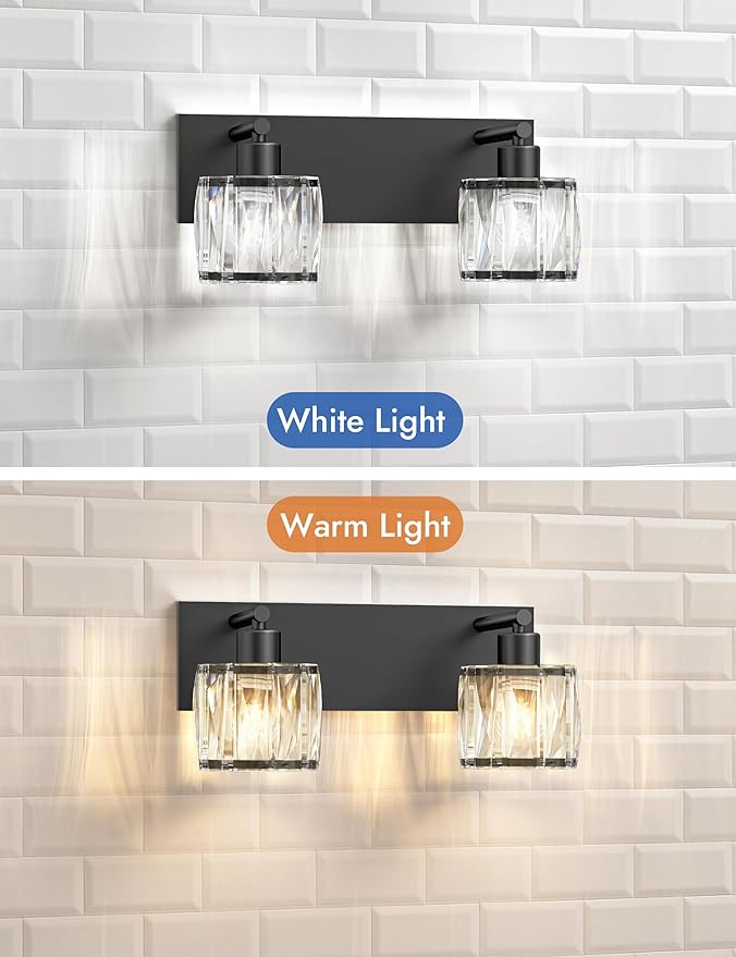 VOLISUN Crystal Vanity Lights for Bathrooms, 2 Light Bathroom Vanity Light, Modern Matte Black Bathroom Light Over Mirror, Black Bathrooms Lights Fixtures-UL Certificated(Exclude Bulb)