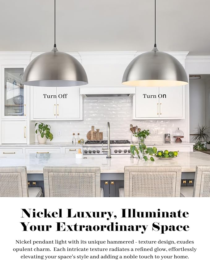 Brushed Nickel Pendant Lights Kitchen Island, 16 Inch Large Dome Pendant Light, Modern Farmhouse Pendant Light for Kitchen Island, Dining Room, Cafe, Bar, 2 Pack
