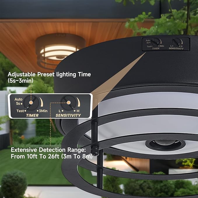 Yisuro Outdoor Ceiling Light with Motion Sensor Flush Mount Farm House Porch Light Ceiling Mount LED Light Fixture - Adjustable 3 Modes Sensor for Patio,Garage (Black)
