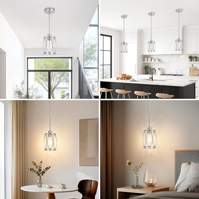 Glass Pendant Lights Kitchen Island Brushed Nickel Pendant Light Fixtures Adjustable Modern Mini Hanging Light with Clear Glass for Sink Dining Room Foyer Entryway Bar, 3 Pack