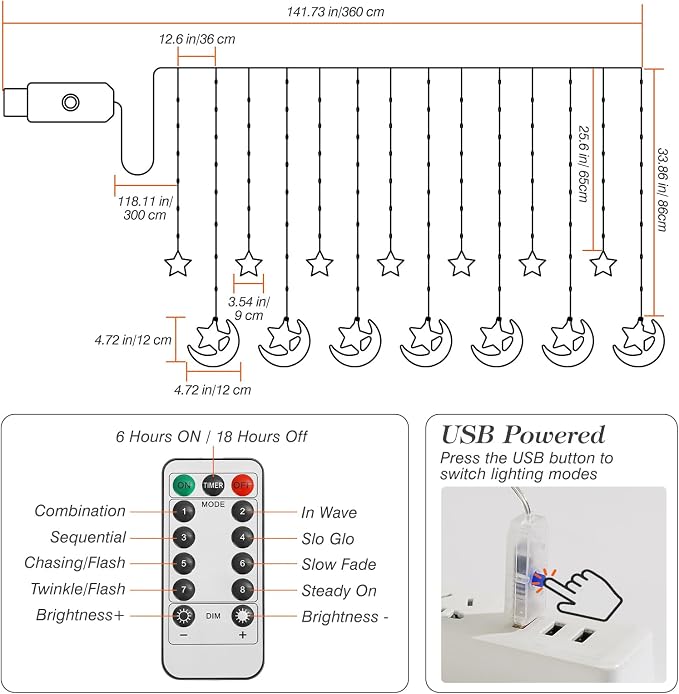 Lewondr Ramadan Curtain String Lights, 138 LED Moon Star Fairy Lights with 6H Timer, 8 Modes, Remote Control, USB Powered Curtain String Light, Eid Mubarak Decorations for Ramadan Home Decorations
