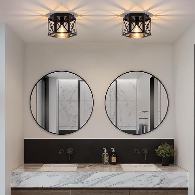2 Pack Flush Mount Ceiling Light, 1-Light Black Light Fixtures Ceiling Mount, Small Flush Mount Lamp with Hexagonal Metal Cage, Farmhouse Chandeliers for Hallway Kitchen Sink Entryway Foyer