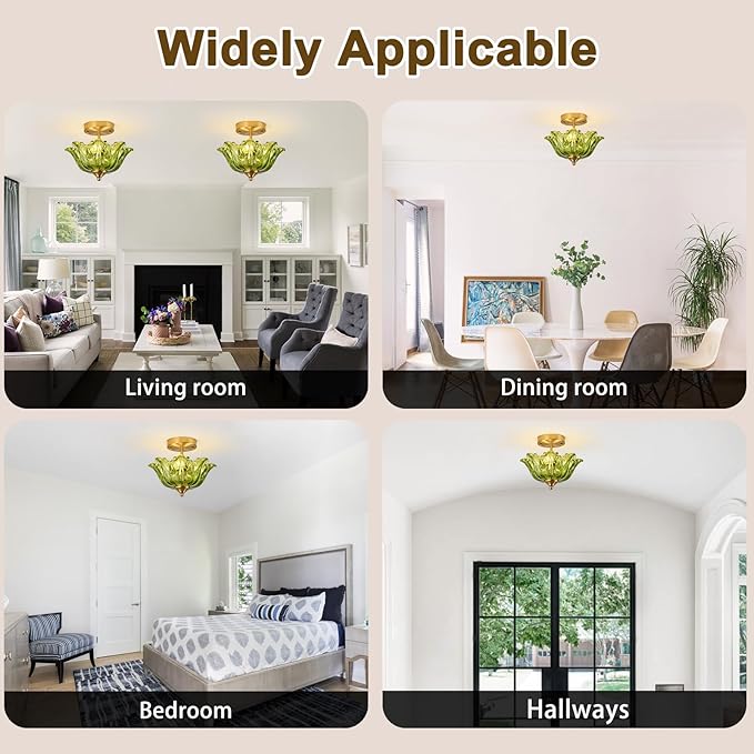 Semi Flush Mount Ceiling Light, Gold Vintage Light fixtures with Floral Green Glass Shade, Modern Close-to-Ceiling Lighting for Bedroom Kitchen Living Room Hallway