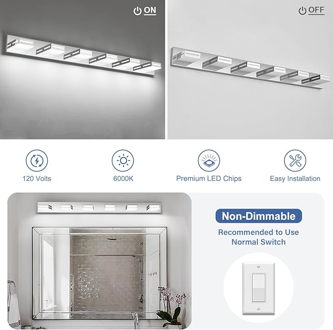 LED Modern Bathroom Light Fixtures, 6-Light 48-Inch Chrome Vanity Lights for Bathroom Lighting Fixtures Over Mirror, 6000K Cool White 350° Rotatable Wall Lamp