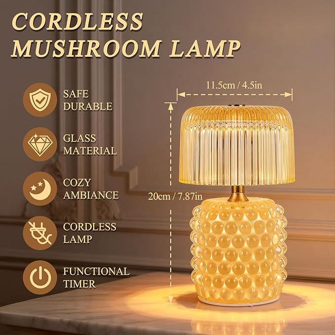 Small Battery Operated Lamp with Timer, Tiny Cordless Glass Table Lamp for Home Decor, Kitchen, Bathroom, Birthday Gift for Women, Pearl, Yellow