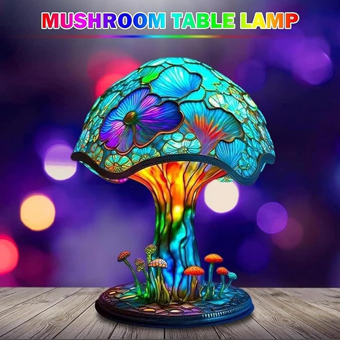 Painting Mushroom Table Lamp,5.9 Inch High Stain Plant Series Night Light, Bohemian Resin Mushroom Decoration Bedside Lamp Bedroom Living Room Home Office Decoration Gifts (15CM)