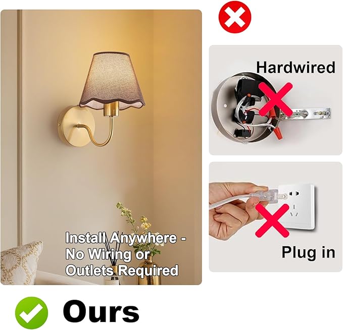 ADISUN Battery Operated Wall Sconce Set of 2, Gold Wall Lamps Rechargeable Bulbs for Living Room, Brown Rattan Shade, Wireless Wall Lights for Bedroom Living Room Hallway Kitchen(2 Bulbs Included)