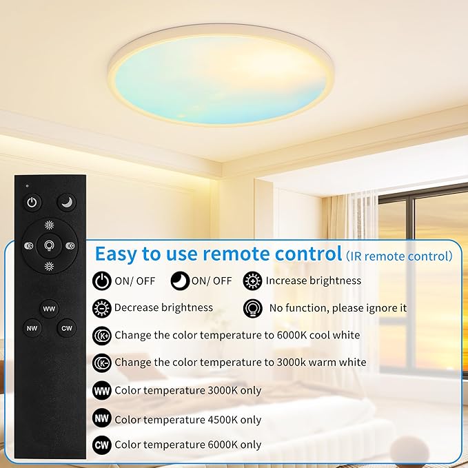 20 Inch Flush Mount Ceiling Light Fixture,43W Dimmable Ceiling Light with Remote, 3000K/4500K/6000K Adjustable White Ceiling Lights, Blue Sky LED Round Flat Panel Light for Kitchen, Bedroom