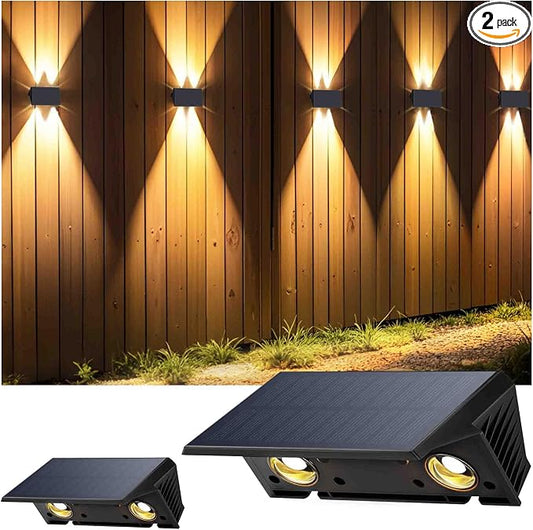 Fence Lights Solar Powered, 2-Pack Solar Fence Lights Up/Down Flexible Buttons, IP67 Waterproof for Outdoor, 100LM Bright, Auto Dusk to Dawn for Wall/Stairs/Yard/Railing/Deck/Pathway (Warm White)
