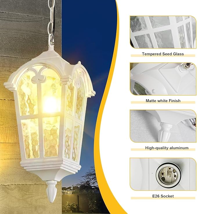 Outdoor Pendant Light for Porch Patio Garden Yard, Anti-Rust Aluminium Exterior Hanging Light Fixtures, Outside White Vintage Hanging Ceiling Outdoor Pendant Lamp Height Adjustable, 2pack