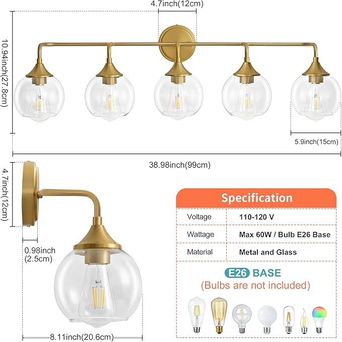 Bathroom Vanity Lights with Clear Glass Shade, E26 Base, Vanity Lighting Fixtures Over Mirror, 39 Inch Vanity Lights for Bathroom (Exclude E26 Bulb) (Gold, 5-Lights)