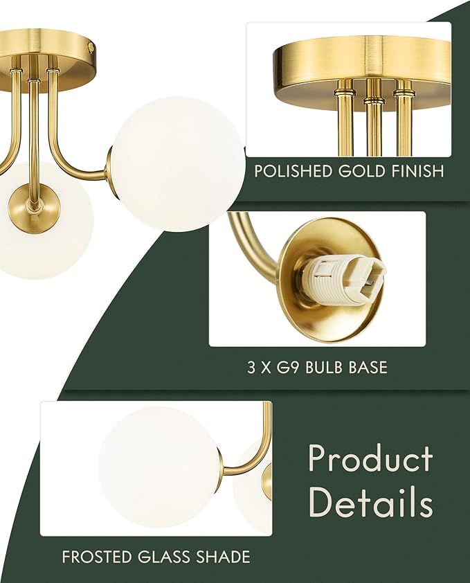 3-Globe Gold Semi Flush Mount Ceiling Light in a Modern Farmhouse Design is Ideal for Living Rooms, Bedrooms, or Dining Rooms. Model:CKCL4845-3W-PG.(Bulb Incl)