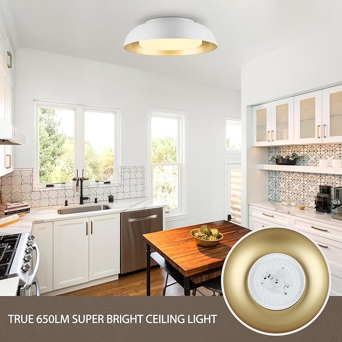 15in LED Flush Mount Ceiling Light, 28W Dimmable Ceiling Light Fixtures with Frosted Glass, White and Gold Finish Modern Ceiling Light for Bedroom Kitchen Living Room, 3CCT, OS-DY2001-WH