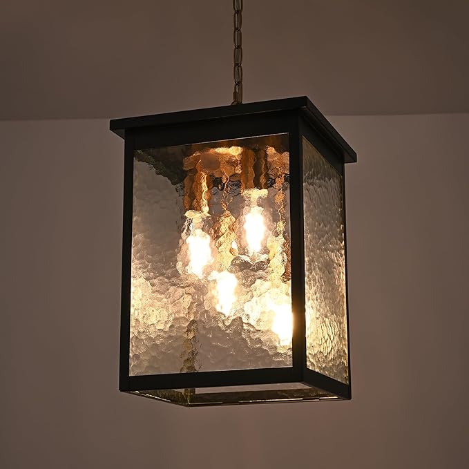 Large Outdoor Pendant Light Fixture, 4-Light Black & Brushed Brass Farmhouse Exterior Hanging Light Fixture with Hammer Glass Adjustable Chain, Outdoor Hanging Lantern for Porch Entrance Front