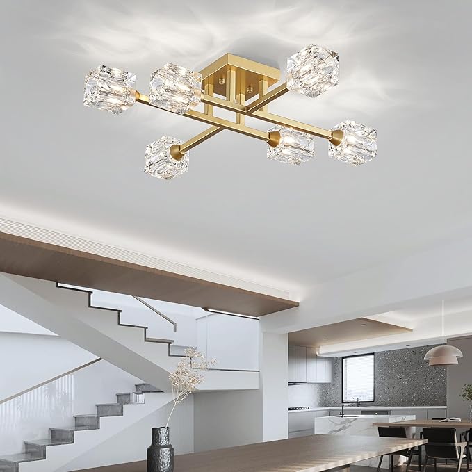 XINGQI Modern Ceiling Light Sputnik 6-Light Semi Flush Mount Ceiling Light Fixtures, Mid Century Antique Gold Chandeliers for Bedroom Dining Room Powder Room