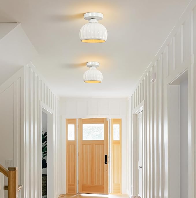 White Semi Flush Mount Ceiling Light - 2 Pack, Glaze Ceramic Vintage Hallway Light Fixtures, Milk White Globe Ceiling Lights, Mid Century Small Light Fixture for Cottage Entryway Laundry Room Foyer