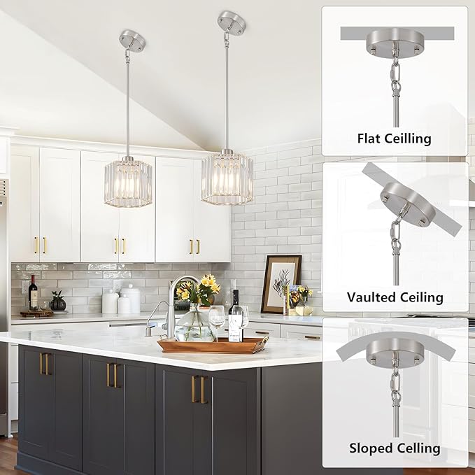 XSDeTu Brushed Nickel Pendant Light Fixtures, Modern Crystal Hanging Ceiling Light, 1-Light Mini Farmhouse Chandelier, Adjustable Hexagonal Island Lights for Kitchen, Dining Room, Bedroom, 2 Pcs