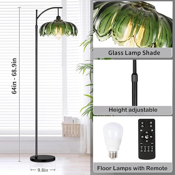 QIYIZM Gold Floor Lamp for Living Room,Bedroom,Standing Lamp with Remote Dimmable Brass Tall Lamp Vintage Retro Mid Century Modern Floor Lamps Arc Green Glass Flower Lamp Floor Light Boho Bohemian