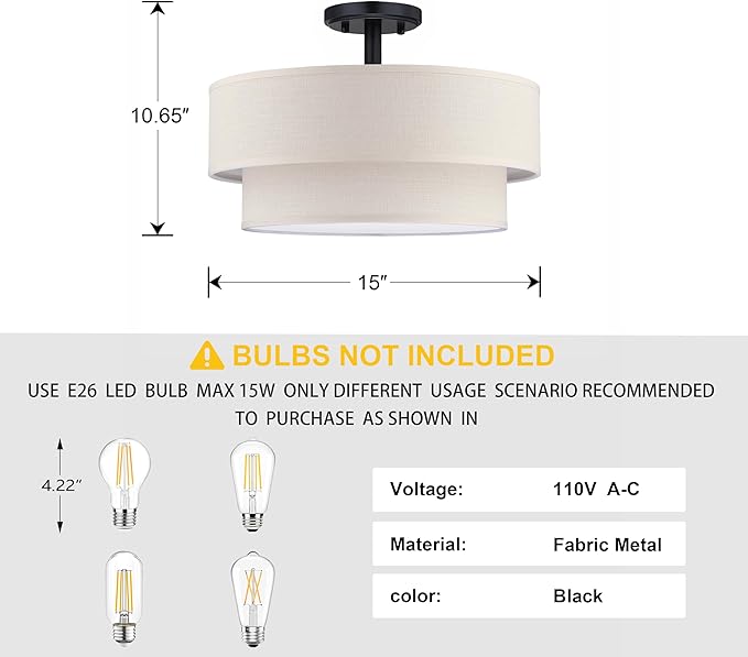 3 Lights 15 Inch Semi Flush Mount Close to Ceiling Light Fixture,Cream Fabric Shade Black Finish for Bedroom,Living Room,Dining Room Hallway