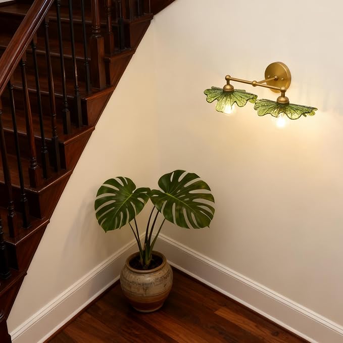 Pathson 2-Lights Wall Sconce Green Petal Glass, Hardwired Double-Head Bathroom Sconces Boho Brass Vanity Light for Wall Decor Living Room, Kitchen Sink, Bedroom, Farmhouse