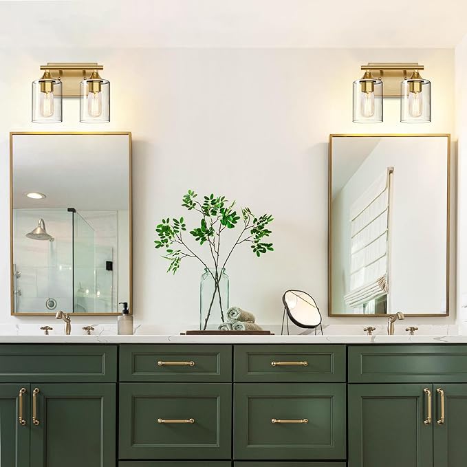 Gold Vanity Lights for Bathroom,2-Light Bathroom Light Fixtures,Brushed Brass Gold Wall Sconce Lighting,Modern Wall Lamp for Mirror Bedroom Vanity Table Hallway