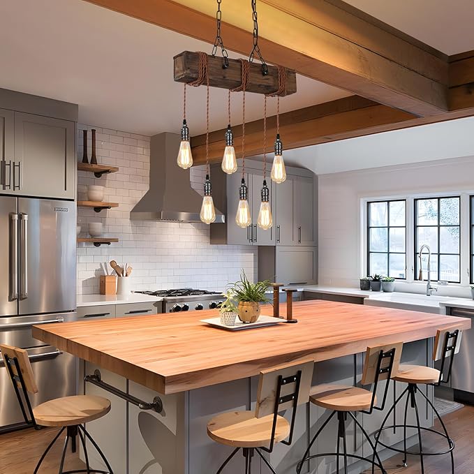 KEESFU 6-Lights Dining Farmhouse Chandelier, Farmhouse Wooden Ceiling Pendant Light, Height Adjustable, Rustic Chandelier for Kitchen Island Dining Room Bar Pool Table Cabin.