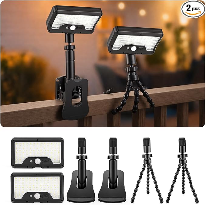 2 Pack Clip On Solar Lights Outdoor with Octopus Tripod, 92 LEDs 3 Color Temps & Remote Control, Motion Sensor Fence Lights Solar Powered, IP65 Waterproof Security Light for Deck, Gutter, Camping