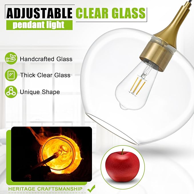 Glass Pendant Lights Kitchen Island, 9.45'' Brass Gold Pendant Lighting Fixtures, Modern Hanging Ceiling Light with Clear Glass Shade for Farmhouse Dining Room Bedroom Hallway(1 Pack)