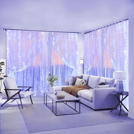 200 LED White Curtain Light for Party/Wedding/Festival/Christmas,Window Blinking String Light for Bedroom/Living Room,USB Plug with 8 Modes(Battery not Included)