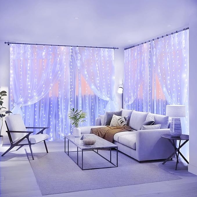 100 LED White Curtain Light for Party/Wedding/Festival/Christmas,Window Blinking String Light for Bedroom/Living Room,USB Plug with 8 Modes