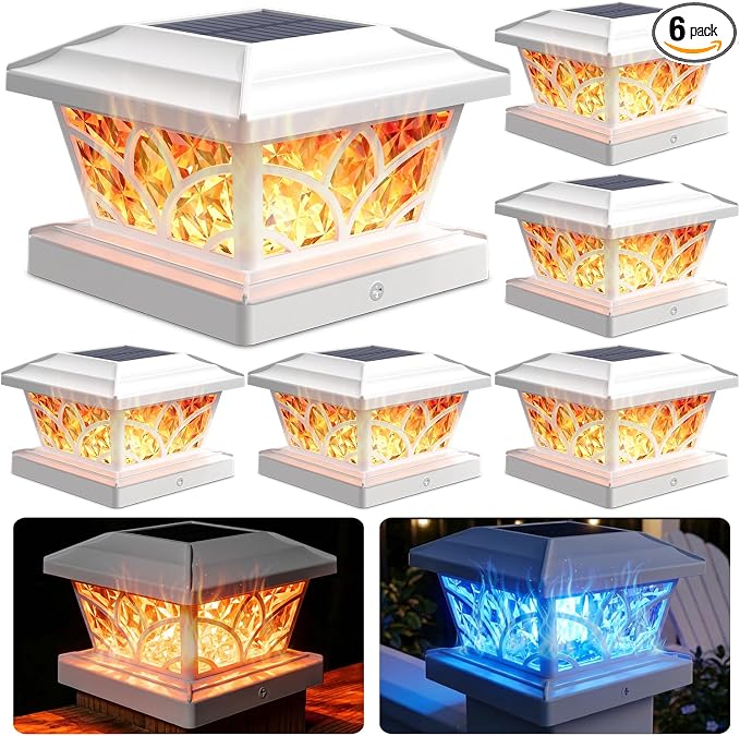 SIEDiNLAR Flickering Flame Solar Post Cap Lights 4 Modes 6 Pack, Upgrade Model for 4x4 5x5 6x6 Vinyl/Wood Posts, Waterproof Outdoor Fence Deck Patio Decor, Warm White & Blue Light (White)