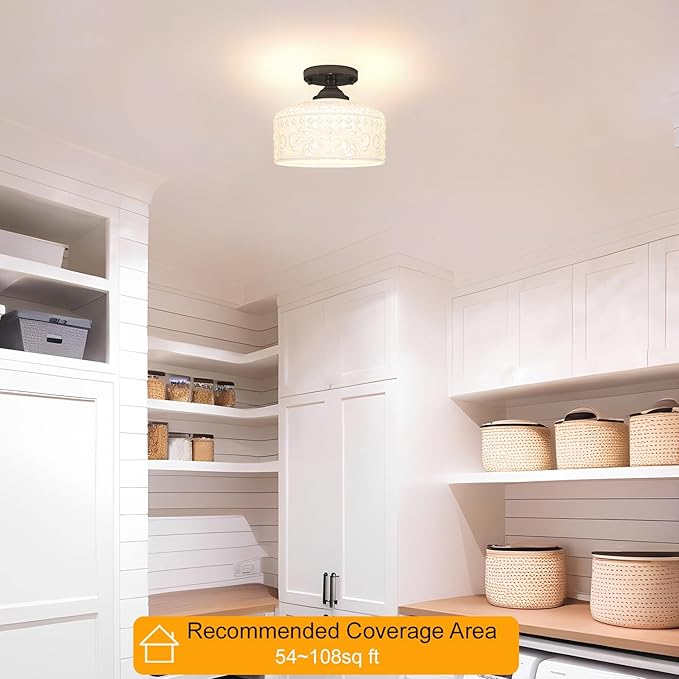 Artistic Black Handcrafted Semi Flush Mount Ceiling Light - 9.45 Inch Vintage White Glass Shade with Etched Patterns, Easy Install, Small Ceiling Light Fixture for Hallway, Kitchen, Bedroom