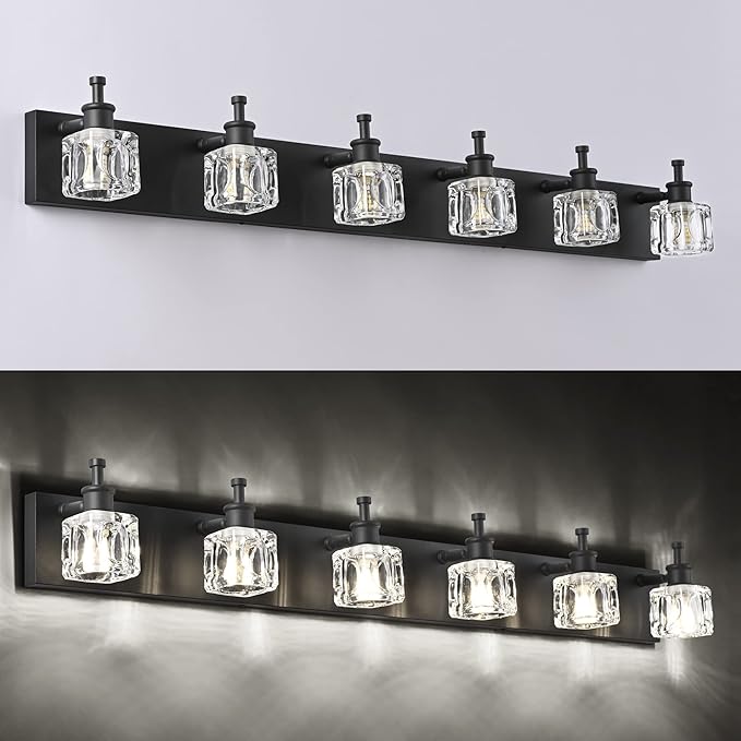 PRESDE Modern Crystal Black 6 Light Vanity Light Fixtures for Bathroom Over Mirror Bathroom Wall Light Fixtures