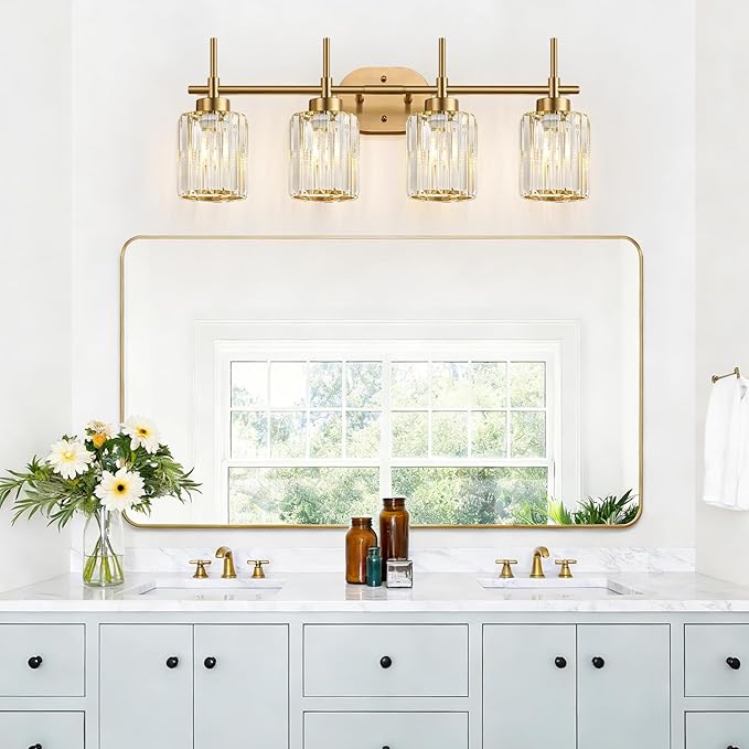 Modern Crystal Bathroom Vanity Light, 4-Light Gold Bathroom Light Fixtures Over Mirror, Crystal Vanity Light with Brushed Gold Finish (Bulbs Not Included)