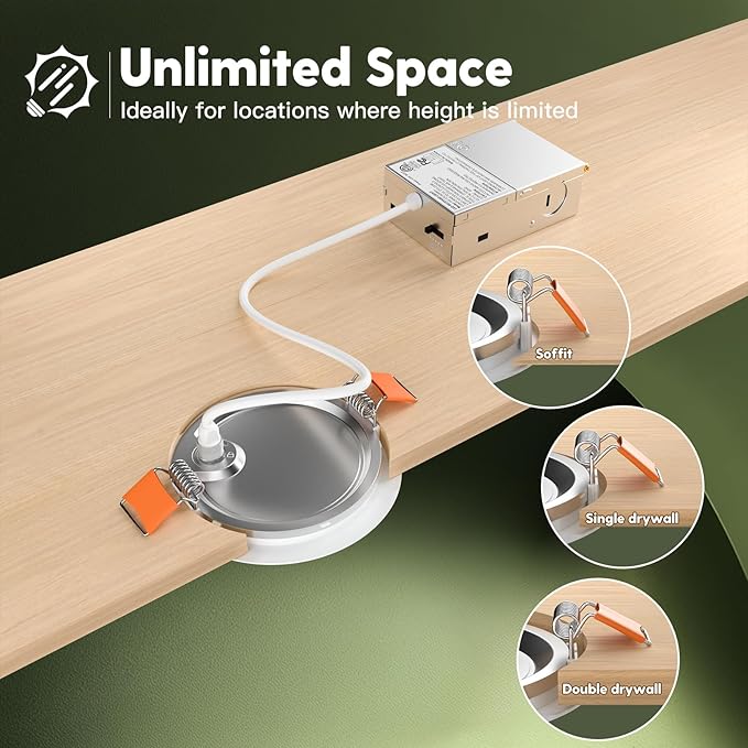 12 Pack 4 Inch 5CCT Ultra-Thin LED Recessed Ceiling Light with Junction Box, 2700K/3000K/3500K/4000K/5000K Selectable, 700LM Brightness, Dimmable Canless Wafer Downlight, 10WEqv90W, ETL&FCC