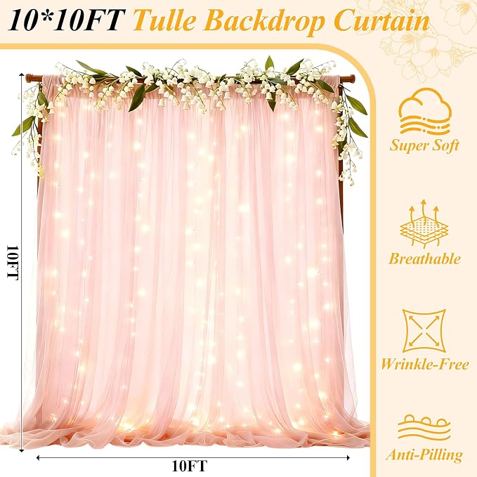 Ledido 4 Pack 10×10ft Pink Tulle Backdrop Curtains with Lights String - 1200LED Fairy Lights Sheer Curtain Backdrop for Wedding Baby Shower Photo Shoot Birthday Party Decoration(8 Panels 5×10ft)，Pink