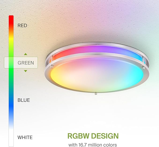ASD LED 18" Round Flush Mount Lighting, Close to Ceiling Light Fixture | Smart, Multicolor, Dimmable, ETL Listed | 28W 1844LM RGB-2700-6500K 120V | Low Profile Double Ring Lamp | Nickel