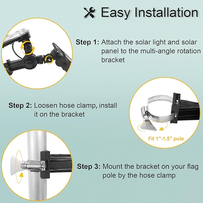 Solar Flag Pole Light, Flagpole Light Solar Powered - 3000K Warm, Super Bright PC Crystal LED Spotlights, Upgraded 2200mAh 145Lm, Adjustable Bracket & Metal Clamp Fits 1-1.5" Flagpole, 8-12 Hrs, Black