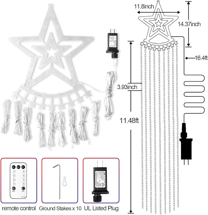 Christmas Decorations Star Lights Outdoor, 11.48ft 350 LED Waterfall Tree Lights with 8 Modes Timer Remote Plug in Christmas Lights for Indoor Yard Patio Home Holiday Party Decor, Warm White