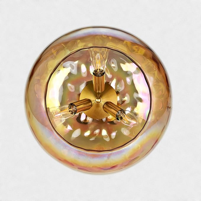Ceiling Light Fixture, 14''& 3-Light Amber Vintage Semi Flush Mount Ceiling Light, Brass Rainbow Indoor Lampshade for Farmhouse, Bedroom, Kitchen, Living Room, Hallway Bulbs Not Included