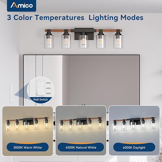 Amico Farmhouse Vanity Light Fixtures, Rustic 5-Light Industrial Painted Wood Lights for Bathroom, Vintage Black Wall Sconces with Bubble Glass Shade