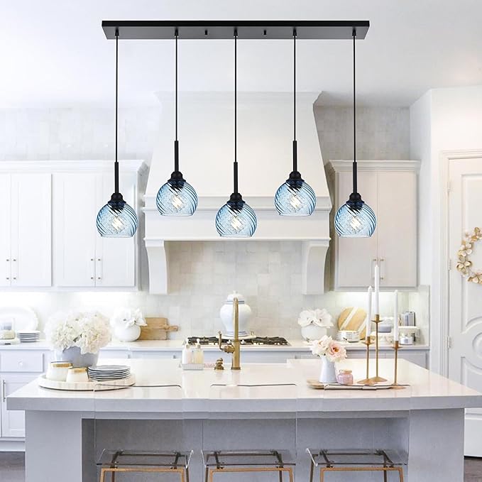 5 Light Island Lighting Fixtures Hanging with Blue Striped Swirl Globe Glass, Black Linear Hanging Pendant Light Fixture Farmhouse Chandelier for Dining Room Bar Living Room