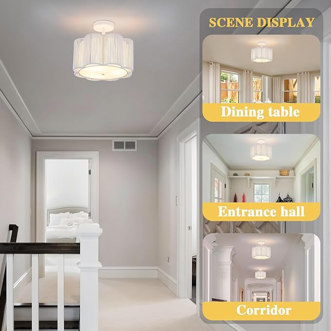 Rattan Semi Flush Mount Ceiling Light, 3-Light Boho Ceiling Lights, Modern Hand-Woven Rattan Boho Light Fixture for Bedroom Living Room Kitchen Hallway and Entryway (White)