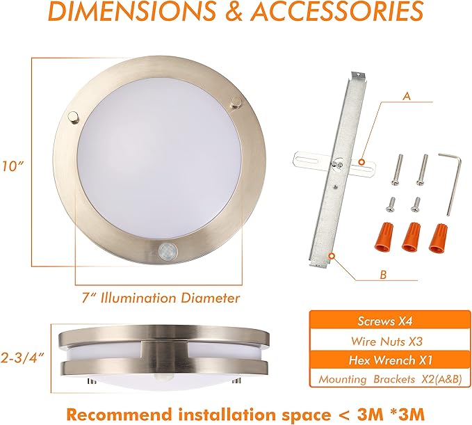 CLOUDY BAY Indoor Outdoor Motion Sensor Flush Mount Porch Ceiling Light,10 inch 5 Color 120V 20W, 5CCT Selectable,Brushed Nickel Finish,Dust Proof,Wet Location,ETL Listed