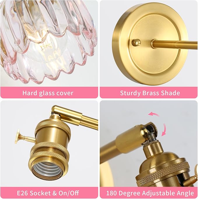 Wall Light Fixture with Tulip Pink Glass Lampshade, Indoor Wall Light for Bedroom Bathroom, Bedside Wall Lamp