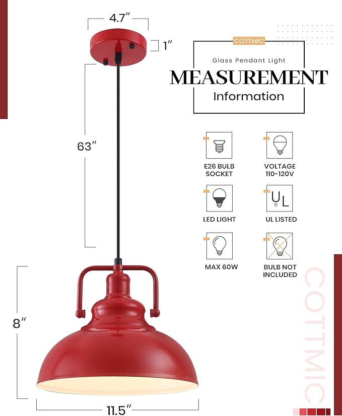 Red Farmhouse Pendant Lights 2 Packs, Metal Kitchen Island Lights, Industrial Vintage Pendant Light for Kitchen, Living Room, Bedroom, Hallway