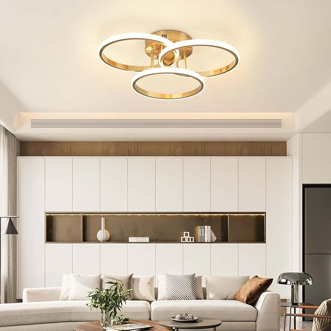 Modern Ceiling Light Fixture,3 Rings Dimmable Flush Mount Ceiling Light with Remote Control, Gold Close to Ceiling Lighting Fixtures for Bedroom Living Room Dining Room Kitchen Ceiling Lamp