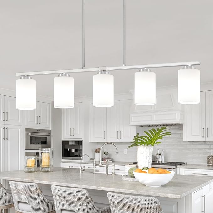 Brushed Nickel Island Lights for Kitchen, 5-Light Modern Dining Room Light Fixtures Over Table Glass Penadnt Lights Adjustable Kitchen Hanging Light Fixtures Linear Farmhouse Chandeliers Over Island