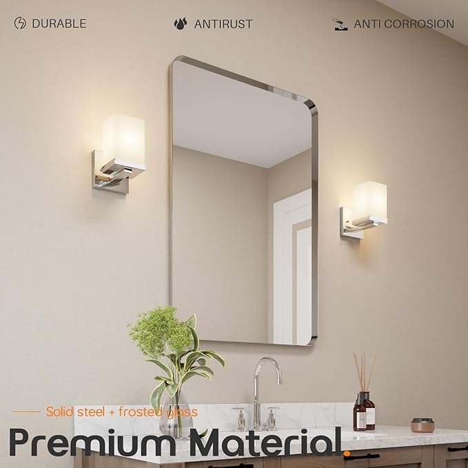 Vanity Lighting Fixture Polished Chrome Bathroom Lights with White Frosted Glass Shade, Wall Sconces Over Mirror for Porch Entrance, 2 Pack T003CH-L1-P2