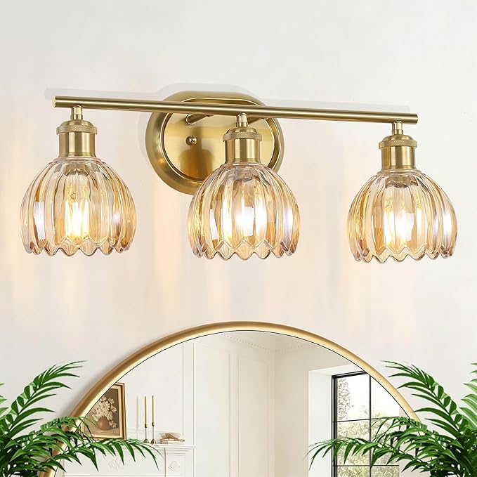 Gold Bathroom Light Fixture, 3-Light Bathroom Vanity Light Over Mirror with Ribbed Amber Tulip Glass Shade, Brass Wall Scone Lighting for Farmhouse, Bedroom,Living Room,Hallway